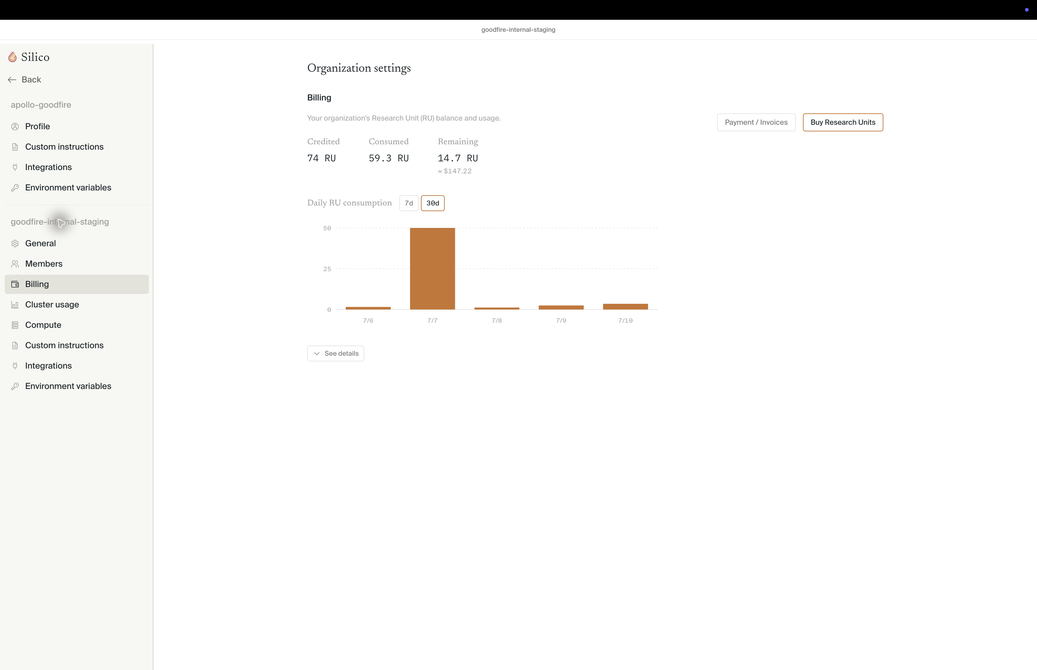 The Billing page showing credited, consumed, and remaining Research Units above the daily consumption chart