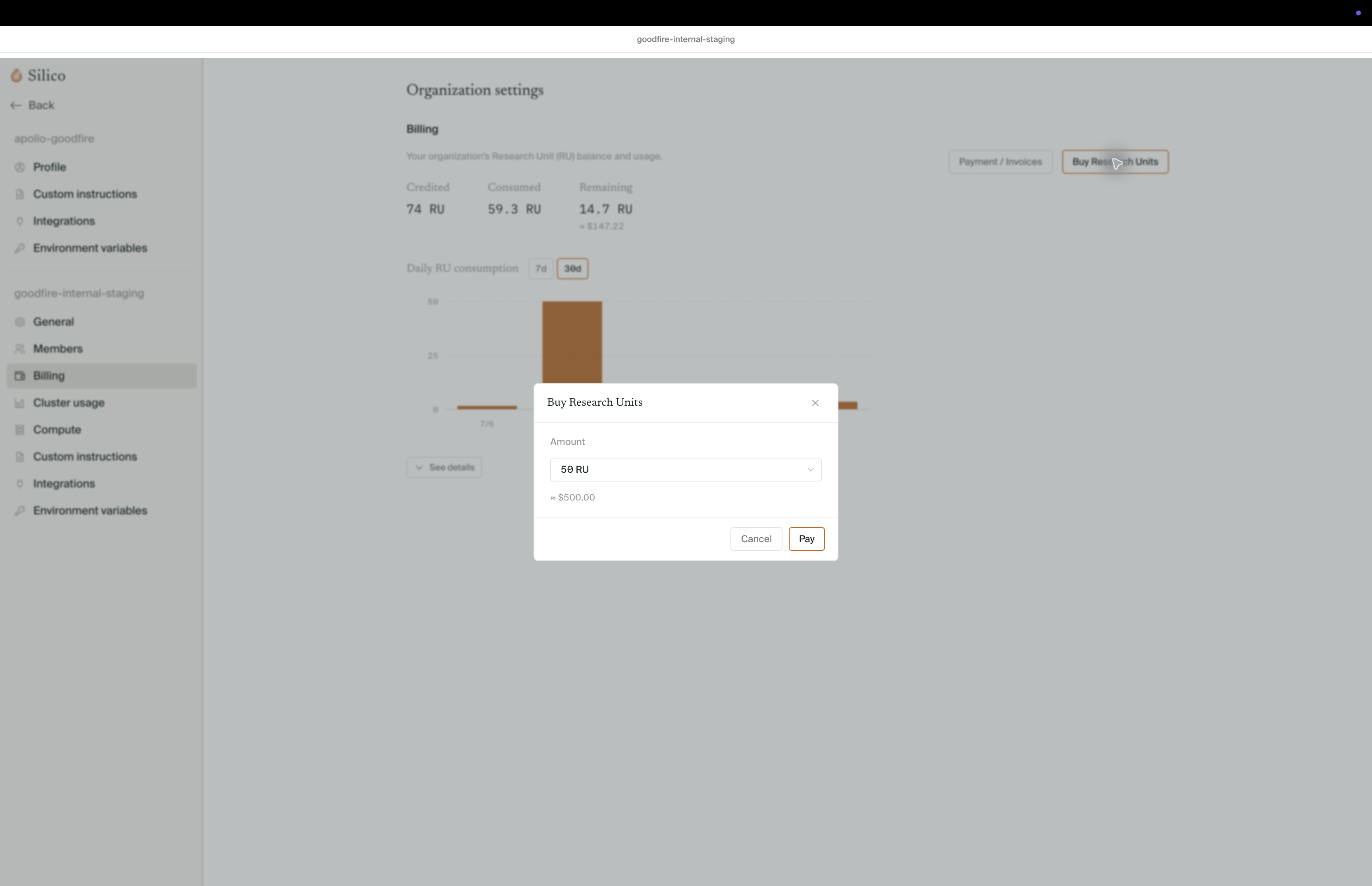 The Buy Research Units dialog with an amount selector, estimated price, and Pay button