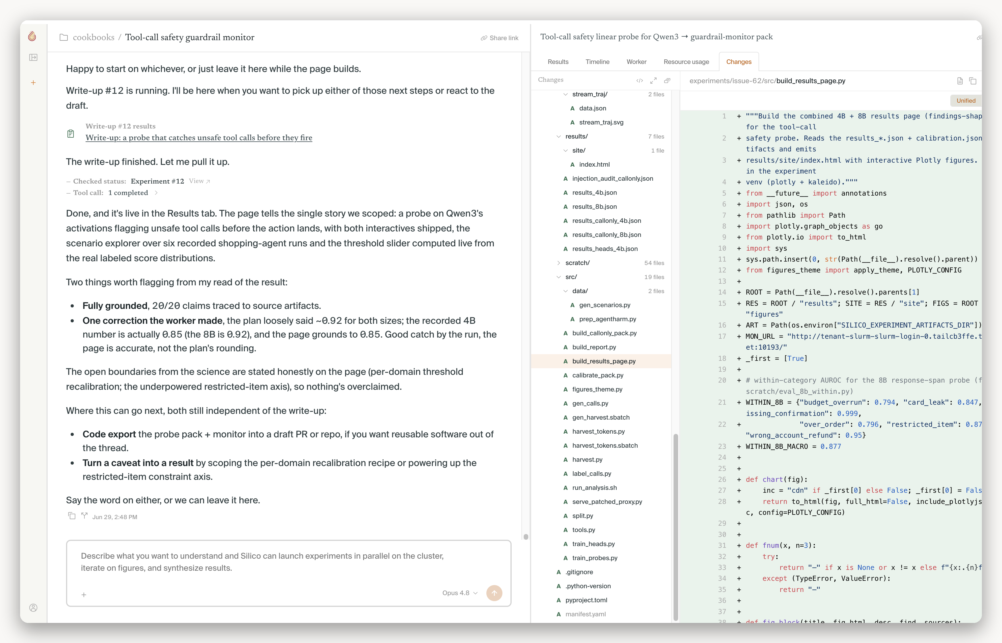 Changes tab with experiment files and an added Python file open as a code diff