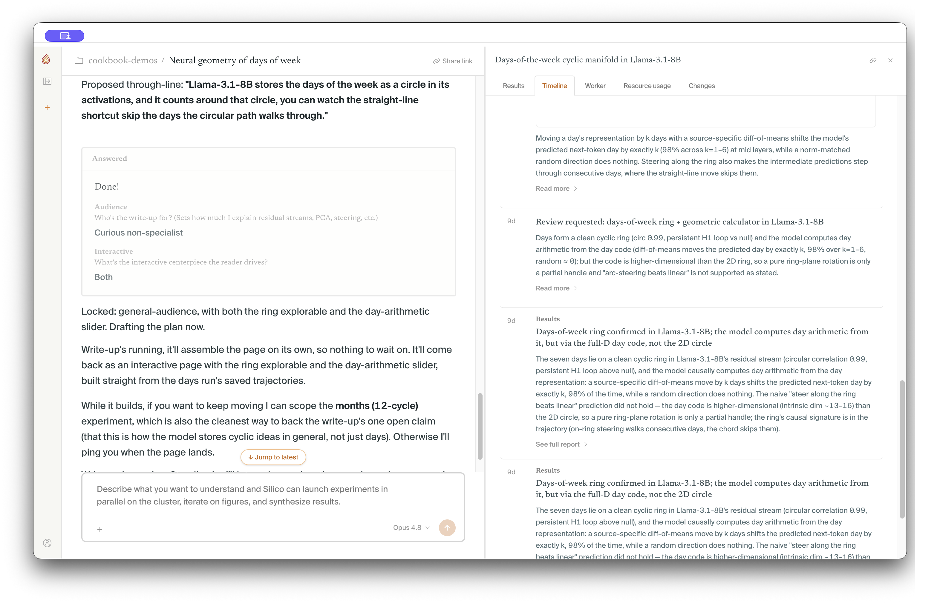 A real experiment Timeline showing the plan's follow-up, a review request, and published results