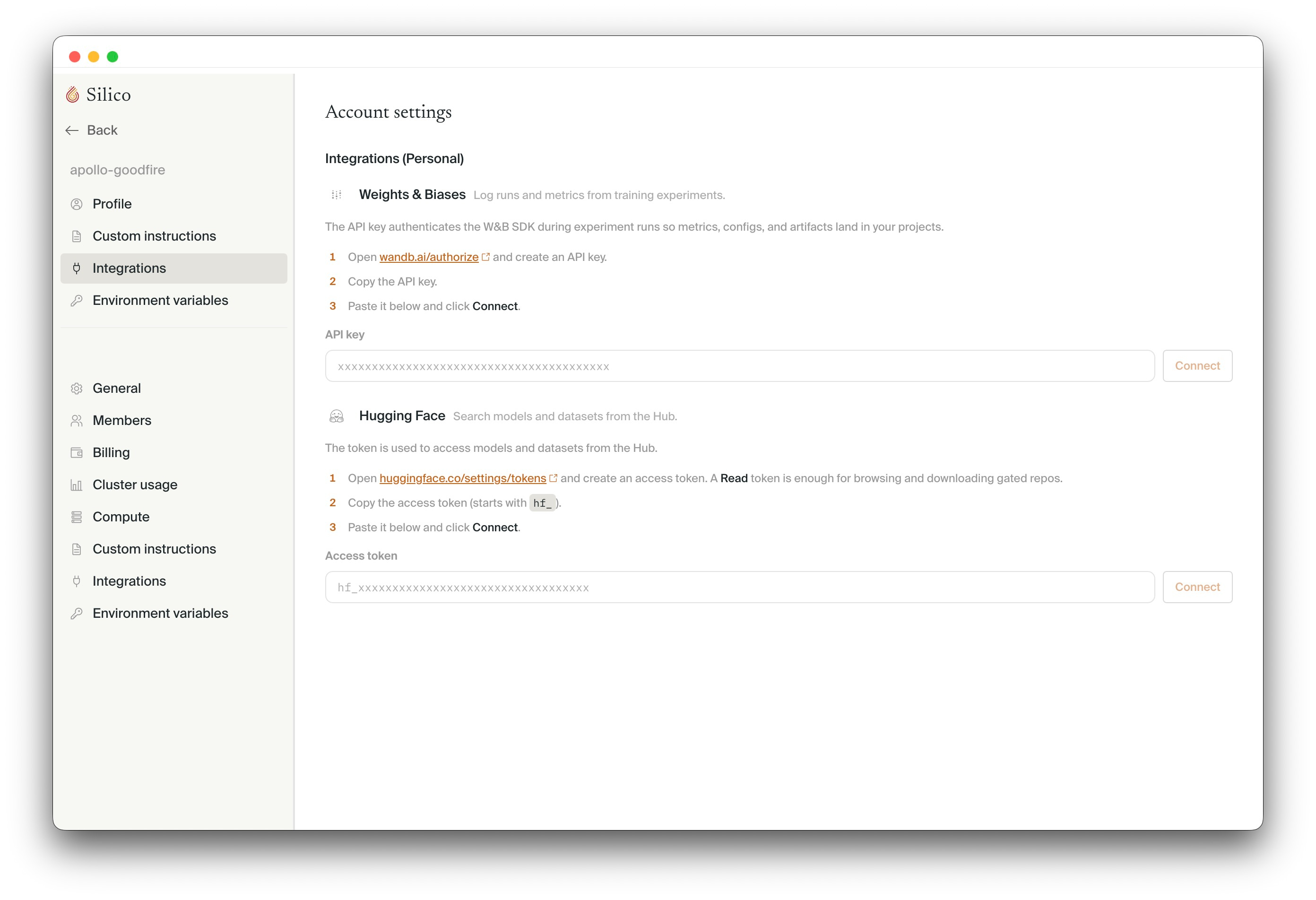 Desktop settings with personal integrations and organization settings in the same sidebar