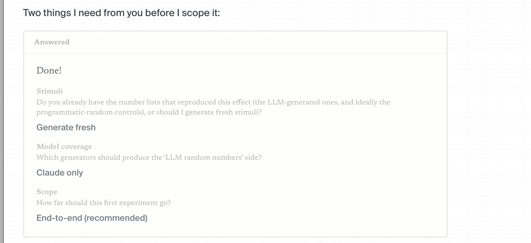 Answered research decisions recorded in a thread