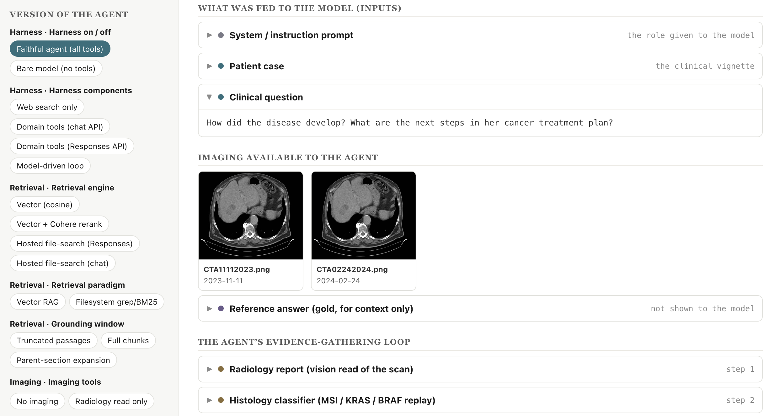 The interactive case viewer: a patient case and an agent version selected, showing the case inputs, the agent's evidence-gathering trace, its written treatment recommendation, and the per-criterion rubric scores.