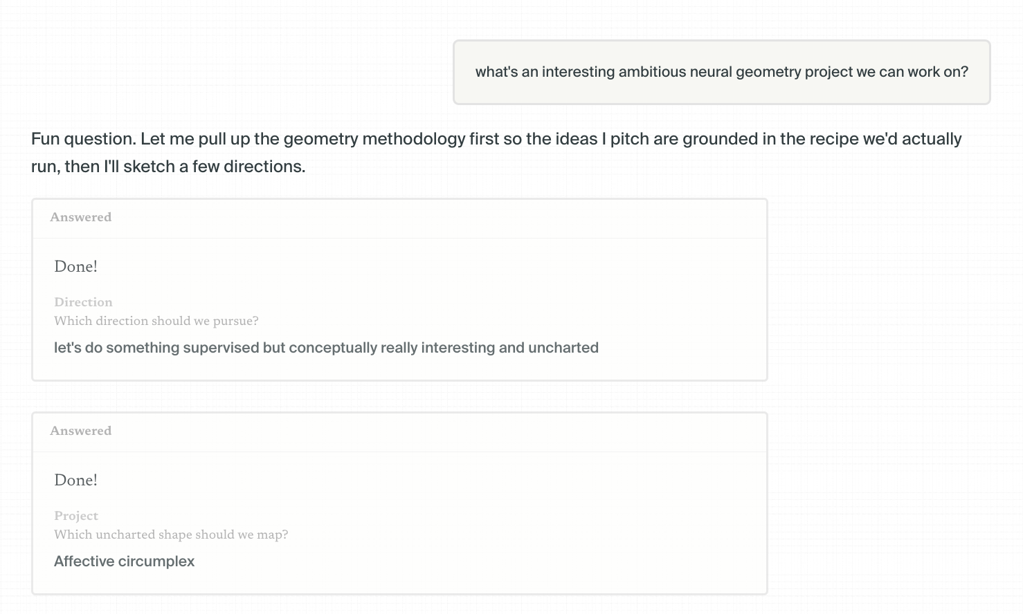Lab: the opening curiosity prompt, and the workflow narrowing the direction toward the affective circumplex